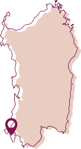 Outline of the island of Sardinia with the location of the winery located on in